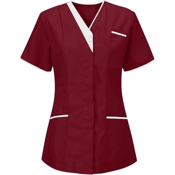 Tunique Médicale Femme Col en V Blouse Medicale Femme Banche Manche Courte Uniforme De Travail Blouse Infirmiere Femme - Rouge