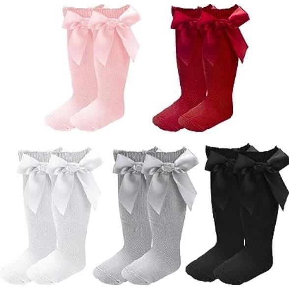 DRESHOW Chaussettes Hautes Pour Bébé Fille Habillées En Coton Avec Nœud, 3-12 Mois, 5 Pairs Knee High Socks: Bow 20