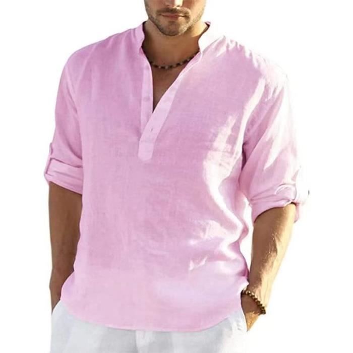 Chemise Lin Homme Col Mao Couleur Uni Henley Shirts Casual Chemise Blanche Homme Manches Longues Chemise en Lin Homme Ete Rose Cdiscount Pret a Porter