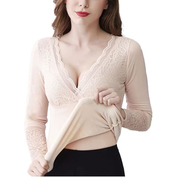 Combinaison thermique femme Uni Manches longues Col V dentelle Automne hiver chaud Rose Dark beige Cdiscount Sport