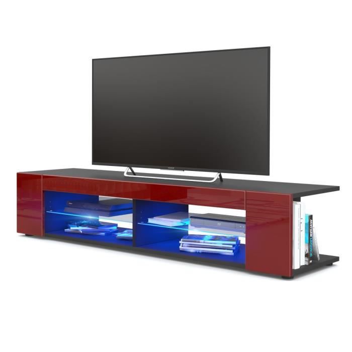 meuble tv - no name - noir mat - façades en bordeaux laquées - led bleu