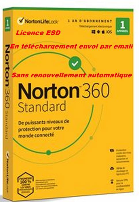 Sans CB - NORTON 360 STANDARD 2024 sans Abonnement 1 Appareil PC MAC Android - 1 AN - 10GB CLOUD - Envoyé par mail - ESD