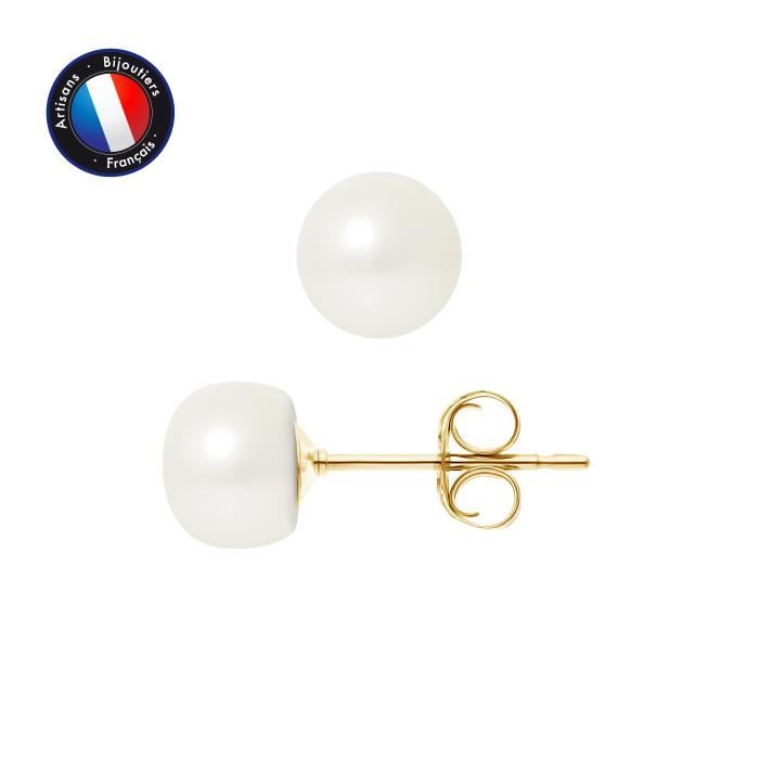 Boucles dOreilles - PERLINEA - Véritables Perles de Culture - 7-8 mm - Or Jaune - Femme