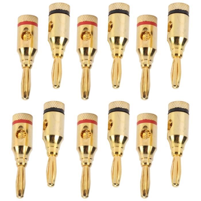 Lot De 10 Fiches Banane Plaquées Or 24K - 4 Mm, Pour Câbles Haut-parleur 12-18 AWG - 5 Rouges + 5 Noires, Connexion Sans Soudure - 12