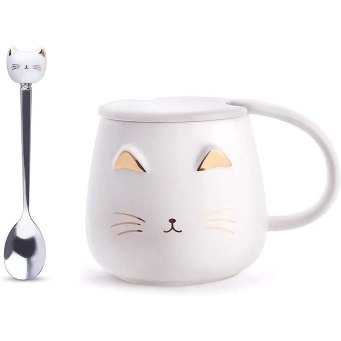 Lot De 4 Mugs En Céramique Chat - Blanc - 360 Ml - Pour Thé Café