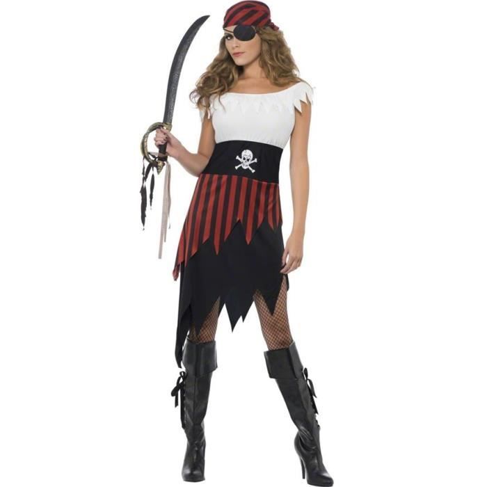 Déguisement pirate femme - SMIFFY'S - Robe manches courtes noire et rouge avec tête de mort - Taille 44/46