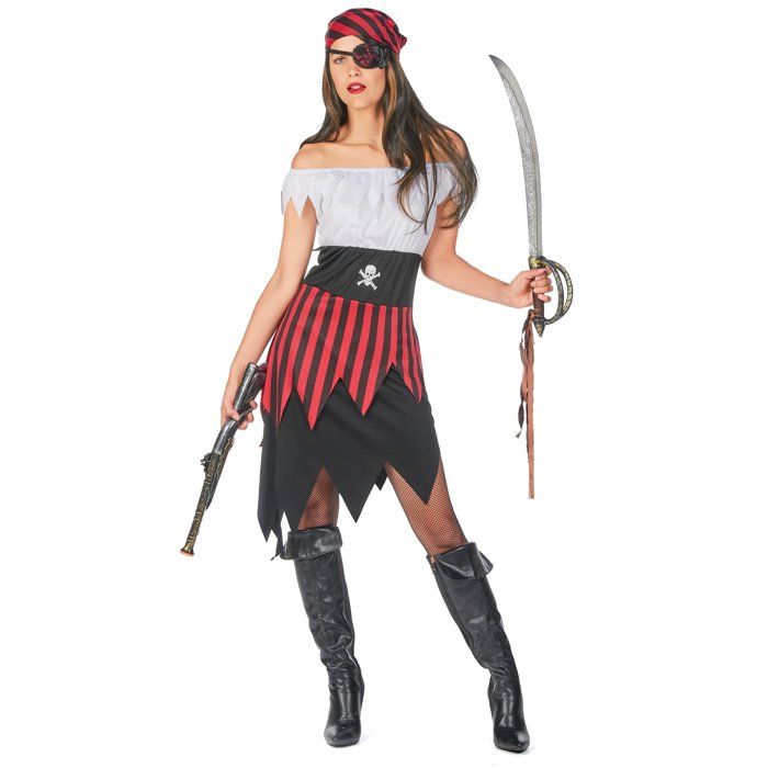 Deguisement pirate femme SMIFFY S Robe manches courtes noire et rouge avec tete de mort Taille 44 46 Cdiscount Jeux Jouets