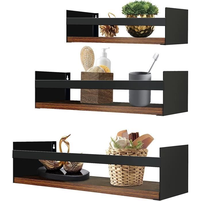 Lot De 3 Étagères Muriales Flottantes Avec Rebord - Bois Et Métal Noir Pour Rangement Déco