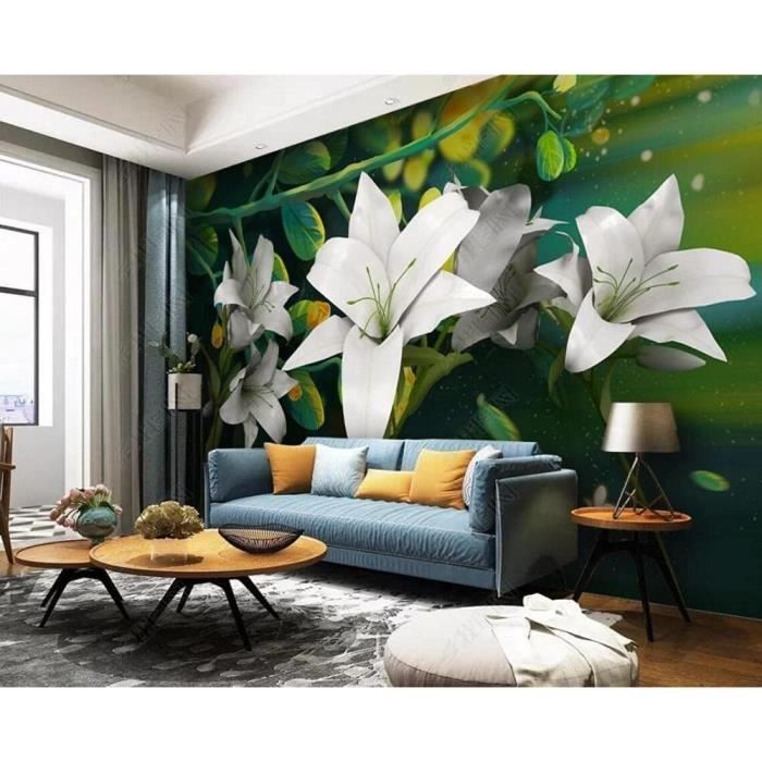Papier Peint Panoramique 3D Fleur De Lys Blanc Avec Des Feuilles Vertes ...