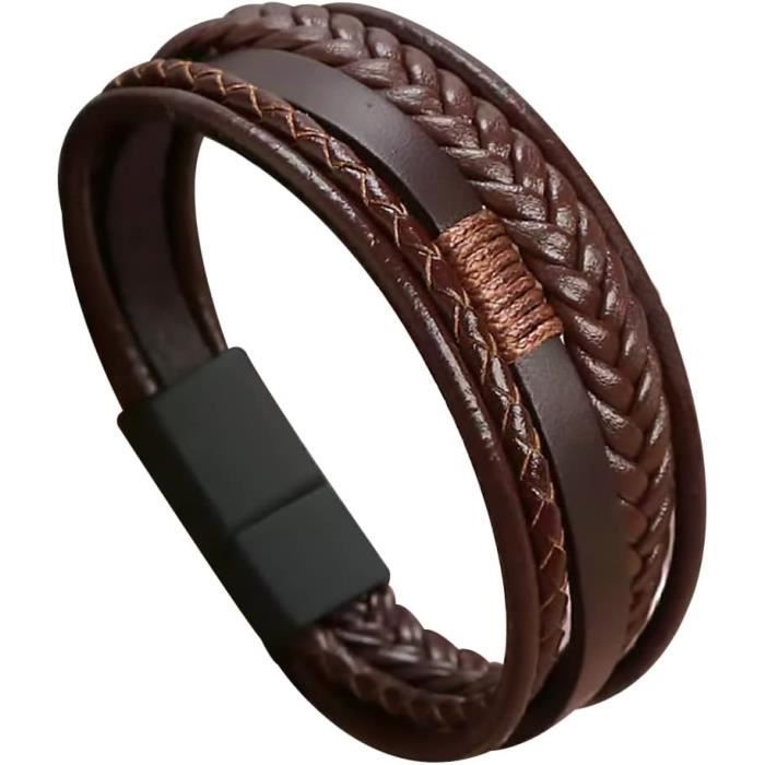Bracelet Homme Aimanté Acier Inoxydable & Cuir - Cadeau Noël Anniversaire Papa Mari Avec Boîte Et Carte Message