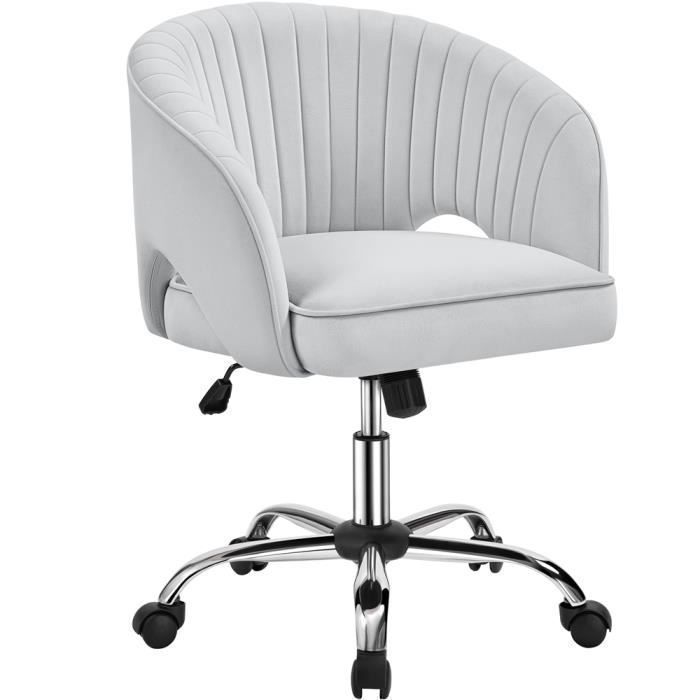 Chaise Bureau Velours - Dossier Capitonné Fauteuil Arrondi à Roulettes-Hauteur Réglable Pour chambre Salon Gris Clair YAHEETECH
