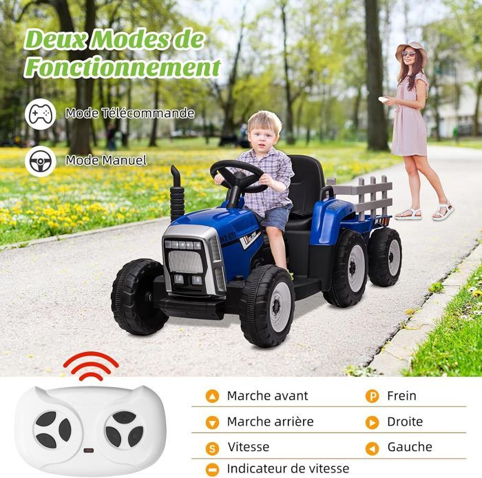 Tracteur Électrique 12V Enfants – Avec Remorque Amovible – Télécommande, MP3, 3 Vitesses – Pour 3-8 Ans – Bleu