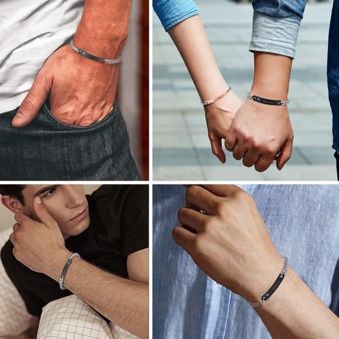 PiercingJak 2PCS Bracelets Couple Amoureux Personnalisés - Gourmettes Gravées Je T'aime En Acier Inoxydable, Cadeau Romantique Saint-Valentin Femme Homme