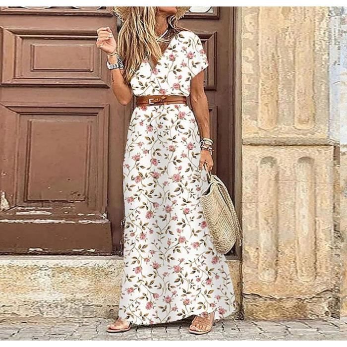 Robe Ete Femme Boheme Chic Vintage Col V Manches Courtes Robe Longue Casual Imprime Fleurie Maxi Robe Mode Robe De Plage Blanc Cdiscount Pret a Porter