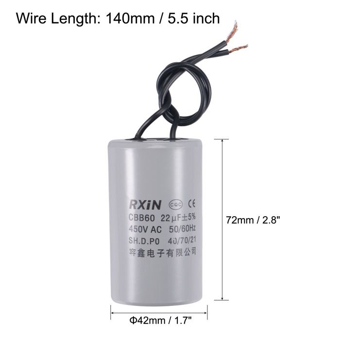 2Pcs CBB60 AC 450V Condensateur De Fonctionnement Du Moteur De Cylindre Conducteur 2 FilsCBB60[10UF