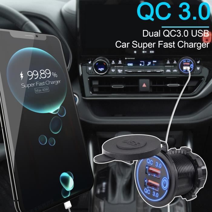 Chargeur Double USB QC3.0 12V/24V Pour Voiture/moto - étanche IP66, Voltmètre LED, Fil 60cm Avec Fusible - 2
