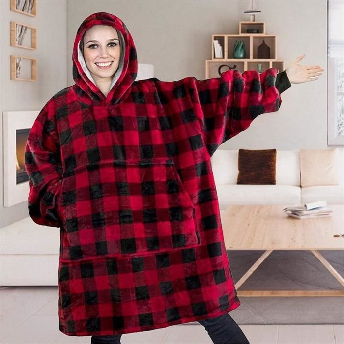 Pull Plaid Femme, Sweat Plaid avec Manches et Capuche en Polaire,  Couverture à Capuche, Ultra Doux et Chaud