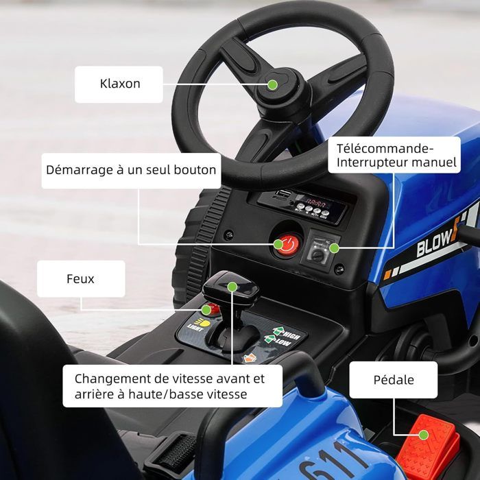 RELAX4LIFE Tracteur électrique 24V Avec Remorque – 2 Moteurs 35W, Vitesse 3,2-7 Km/h, Télécommande Parentale, Musique, LED, Dès 3 Ans – Rouge