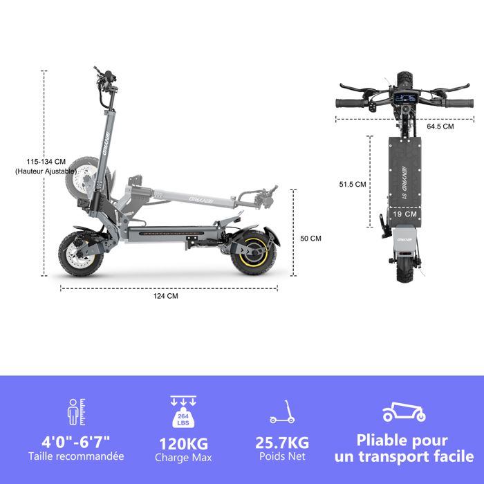 Trottinette Adulte Pliable K IKIDO – Charge Max 150 Kg – Roues PU 200 Mm – Hauteur Réglable 94–104 Cm – Pliage Rapide 3 S
