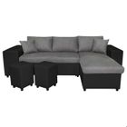 LOUNGITUDE Canapé d'angle convertible MADY avec coffre, étagère et poufs en simili et microfibre - Gris / Noir