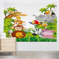 Tapisserie murale tissu d'impression Animaux heureux dans la jungle cartoon décoration murale de salon chambre 200 x 150 cm