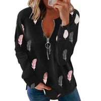 Femme Pente T-shirt Loose Zipper Manche longues coton Col en V Blouse Automne et hiver Noir