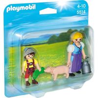 PLAYMOBIL Country - Duo Paysanne et Enfant - 2 personnages, 1 cochon, 1 pot à lait et de l'herbe