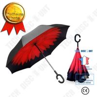 TD® Parapluie Inverse Inversé Canne Automatique Grande Taille Etanche Anti UV Anti-Vent Anti-Retournement Manche C（Noir Rouge）