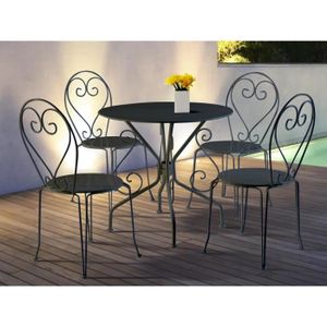 Ensemble table et chaise de jardin Salle à manger de jardin en métal façon fer forgé - GUERMANTES - Table et 4 chaises empilables anthracites
