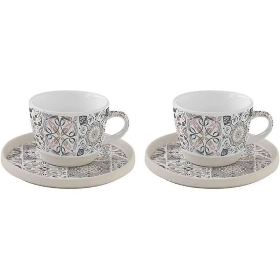 COFFRET 6 TASSES A CAFE EN PORCELAINE SOUS TASSES EN BAMBOU TROPICAL