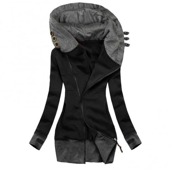 Mi-longue Parka à Capuche Molleton Boutons Poches Manches Longues Femme Mode Decontracte Hiver Manteau