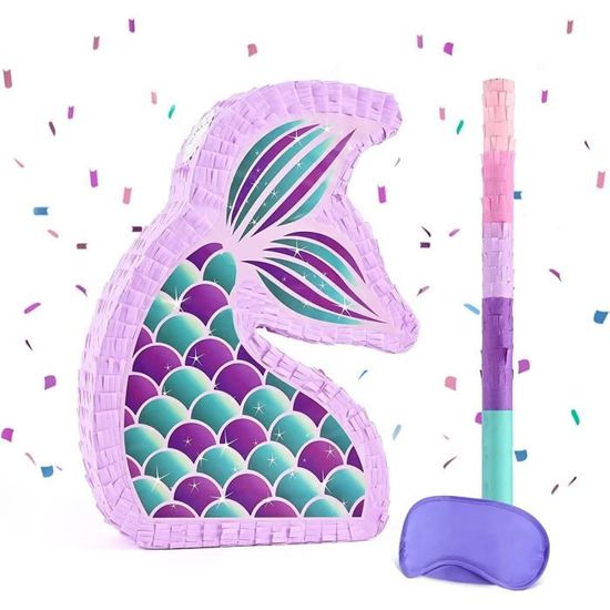Piñata Sirène 42cm - Décoration Anniversaire Thème Mer Avec Bâton Et Bandana - Jeu Pour Enfants