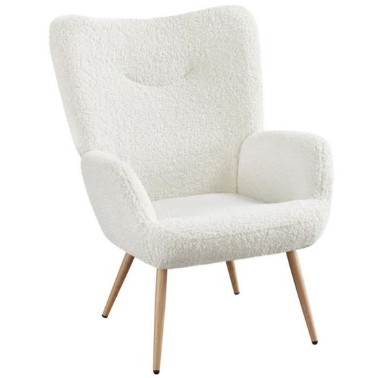 Fauteuil De Salon Moderne En Tissu Bouclette Avec Haut Dossier Capiton Courbe Pieds Fuseles Effet Bois Blanc
