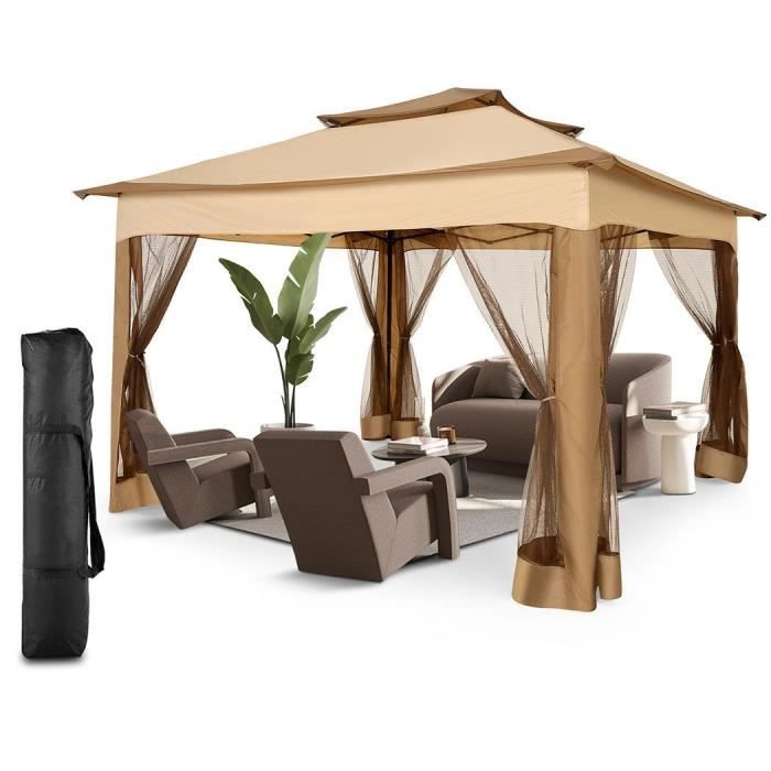 Tonnelle barnum de jardin pop-up pliant , Tonnelle Barnum Imperméable-11x11pouces,Pergola avec rideaux-Marron clair