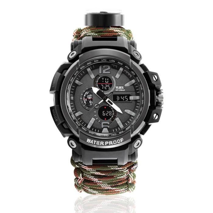 Camouflage -EDC – montre de survie multifonctionnelle, étanche, 50M, paracorde, Bracelet, pour hommes et femmes, équipement d'urg
