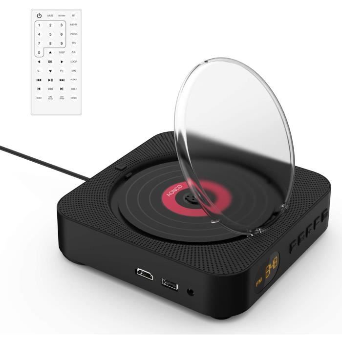 AONCO Lecteur DVD, Portable Bluetooth Mur Montable Lecteur DVD/CD avec télécommande Radio FM intégré Hi-FI Haut-parleurs Prise Casqu