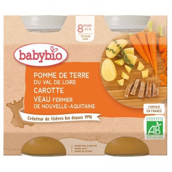 Babybio - Petit Pot Bébé Pomme de terre Carotte Veau - Bio - 2x200g - Dès 8 mois