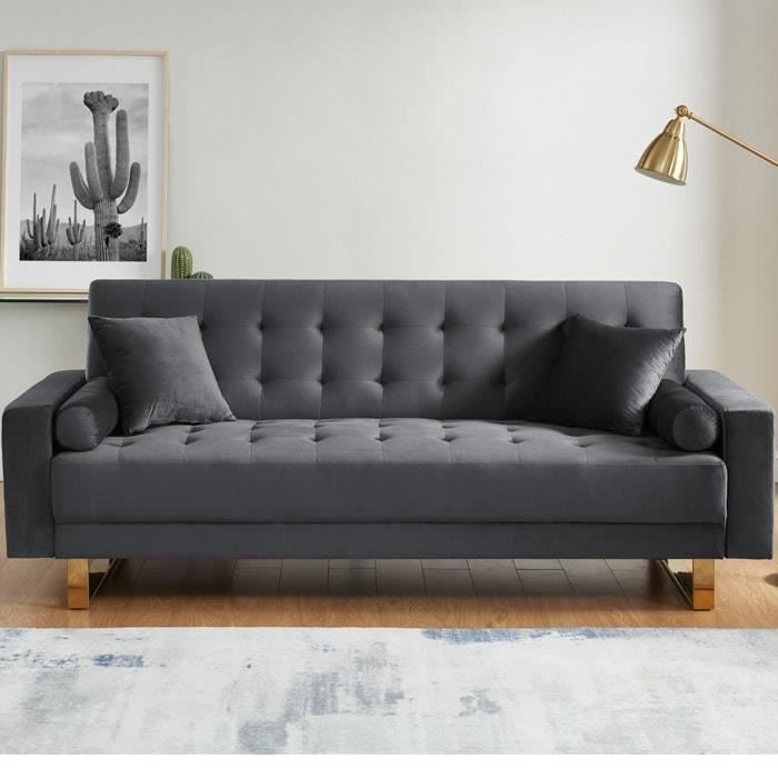 Canapé 3 places convertible en velours gris anthracite piètement en métal doré - Collection Chic Gris