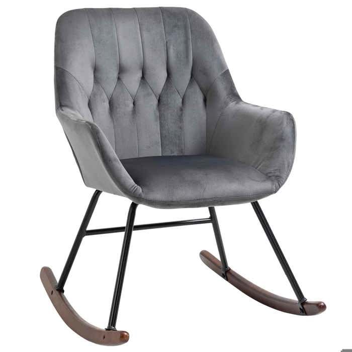 Fauteuil à bascule grand confort accoudoirs assise dossier garnissage mousse haute densité velours gris foncé