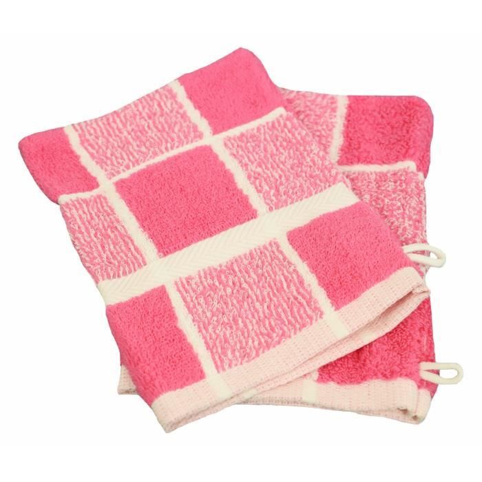 LINANDELLE - Lot de 2 gants de toilette coton bouclette Carreaux CELESTE - Rose fushia - 15x21 cm