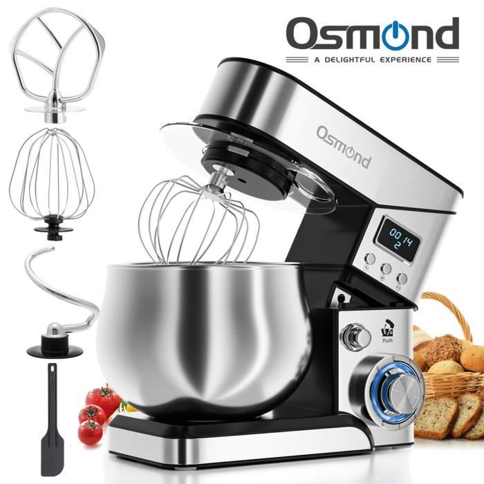 OSMOND Robot Pâtissier 1300W 5L Bol INOX. 6 Vitesses - Ecran LED Multifonction Batteur Crochet Fouet Petrin Appareil Cuisine NOEL