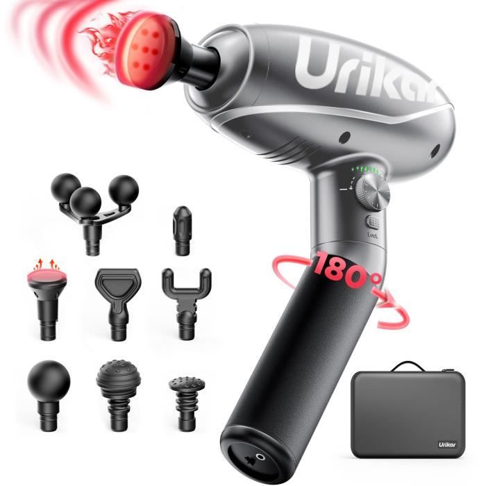 Pistolet de Massage Musculaire - Urikar Pro 2 - Appareil de Massage, avec 6 vitesses et 8 têtes de massage, Gris