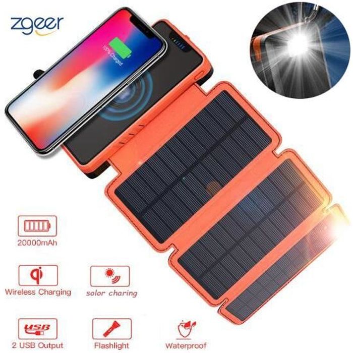 Batterie Externe 20000mAh Power Bank Portable Étanche avec Chargeur à Induction sans Fil, 3 Panneaux Solaire, 2 Ports USB pour Télép