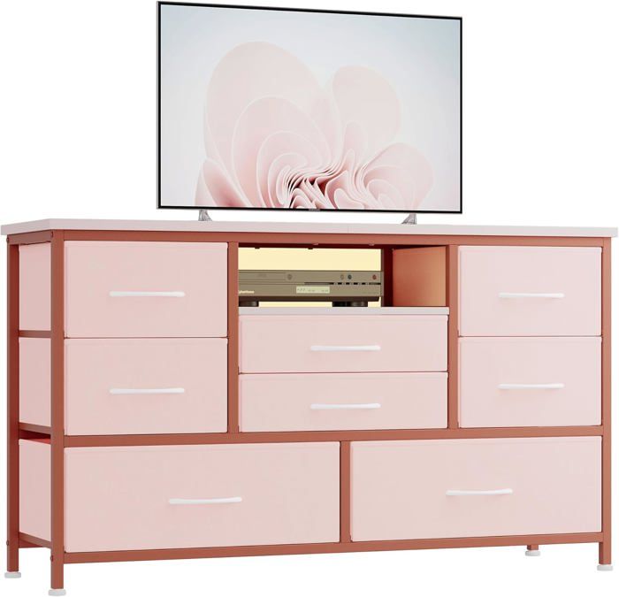 Commode à 8 Tiroirs Meuble TV Avec Lumière LED Station de Charge Commode Pour Chambre Salon Couloir - Rose