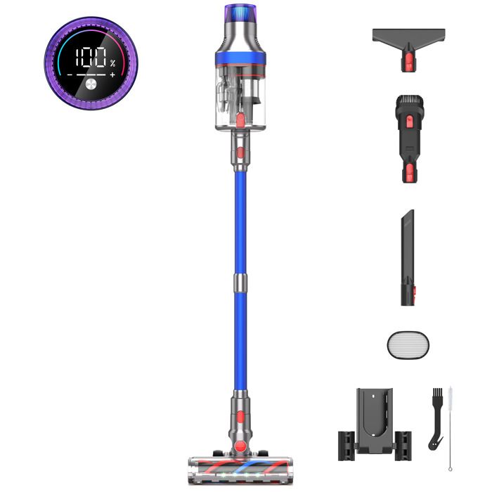 Aspirateur Balai Sans Fil 600W/55KPa - 70min Autonomie - Écran Tactile - Bac 2L - Anti-Poils - Rebanic