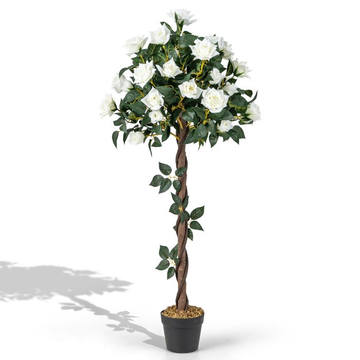 Meilleurs prix pour COSTWAY Arbre à Fleurs Artificiel de 120 cm - Fausse Rosier à Fleurs avec Pot de Pépinière Roses Blanches pour Salon Balcon Bureau
