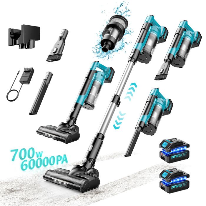 Aspirateur balai sans fil 700W 60KPa • 2×21V 4000mAh 70–72min • Bac 08L • LEDs • Sols durs tapis poils