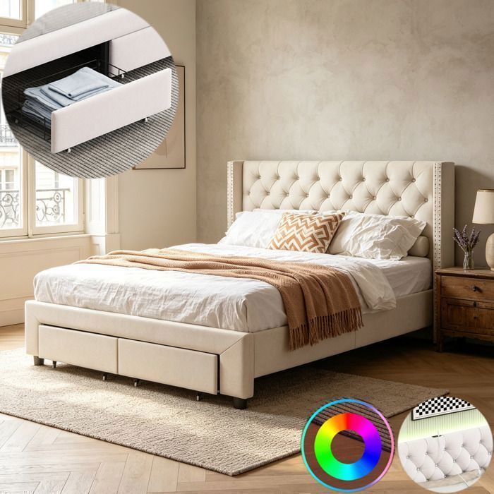 lit 160x200 cm avec sommier à lattes et led cadre de lit double 160x200 avec tiroir et tete de lit capitonné tissu velours beige lit 160x200 cm avec sommier à lattes et led cadre de lit double 160x200 avec tiroir et tete de lit capitonné tissu velours beige