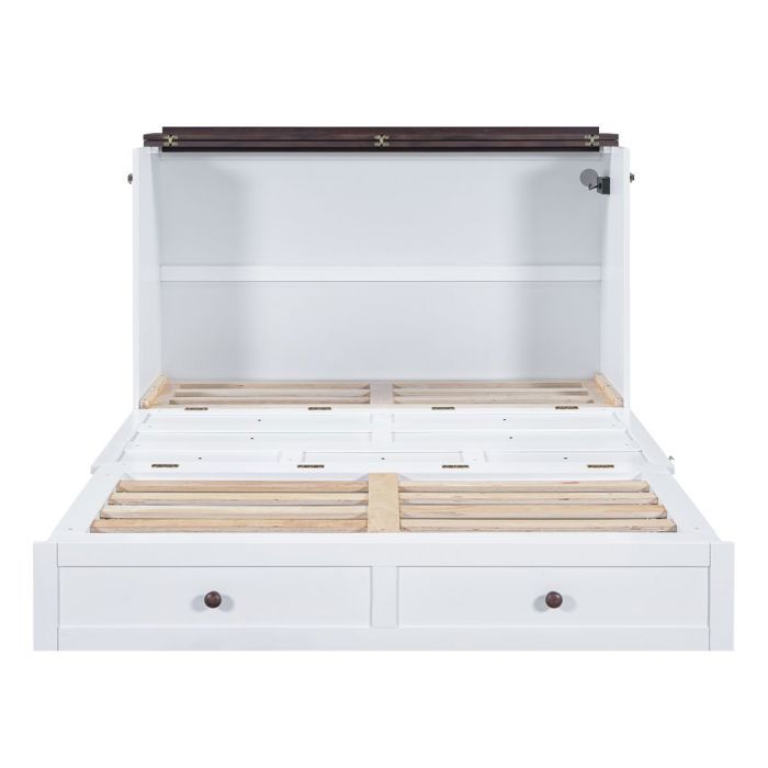 Lit escamotable 140x200 blanc avec tiroirs étagère prises USB/courant mobile et convertible sans matelas