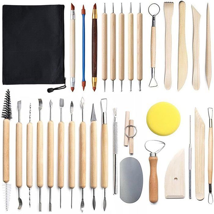 mreechan Outils de poterie,14 pièces Outil en Bois et Acier Inoxydable Argile Poterie,Outils de